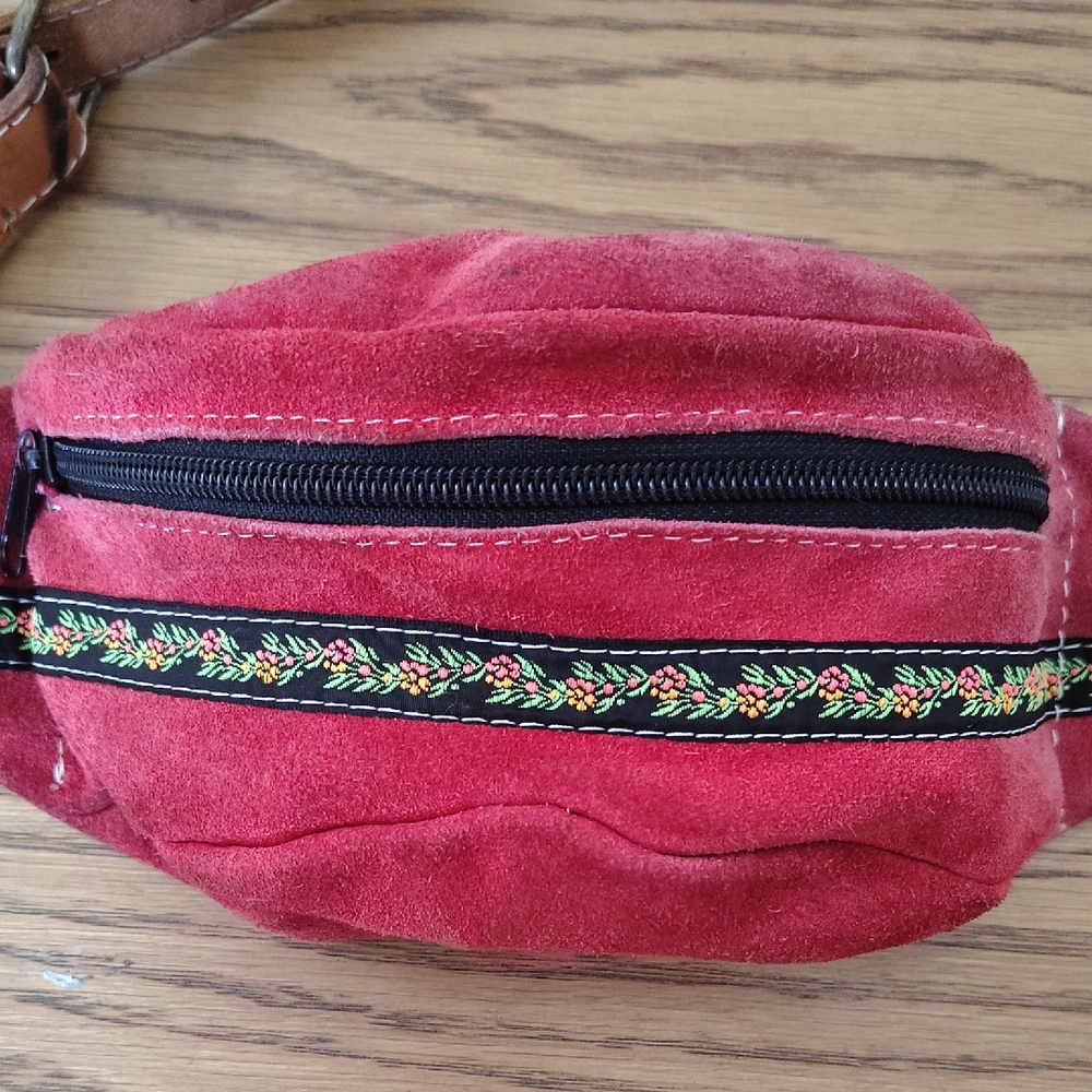 Red Suede Mini Crossbody Bag with Embroidered Trim